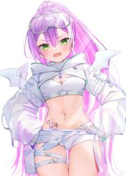Rule 34 | 1girl, absurdres, breasts, colored inner hair, demon girl, fangs, gloves, goggles, goggles on head, green eyes, highres, hip tattoo, hololive, ineka ka, knee pads, long hair, long sleeves, looking at viewer, medium breasts, midriff, multicolored hair, navel, navel piercing, official alternate costume, piercing, pink hair, pointy ears, ponytail, purple hair, see-through, see-through sleeves, short shorts, shorts, skin fangs, solo, streaked hair, tokoyami towa, tokoyami towa (5th costume), virtual youtuber, white gloves, white shorts