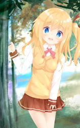 Rule 34 | 10s, 1girl, :d, bad id, bad pixiv id, blonde hair, blue eyes, blurry, blurry background, blush, breasts, brown ribbon, brown skirt, collared shirt, comic girls, day, depth of field, dress shirt, forest, hair between eyes, hair ribbon, highres, koizuka koyume, leaning to the side, long hair, long sleeves, looking at viewer, medium breasts, nature, one side up, open mouth, outdoors, pleated skirt, ribbon, shiraki shiori, shirt, skirt, sleeves past wrists, smile, solo, standing, sweater vest, teeth, tree, upper teeth only, white shirt