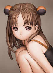 Rule 34 | 1girl, bare shoulders, black shirt, brown background, brown eyes, brown hair, bun cover, child, closed mouth, double bun, form code, from side, hair bun, half updo, knees up, long hair, looking at viewer, murata range, parted bangs, shirt, sitting, sleeveless, solo, straight hair, upper body
