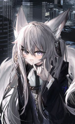 Rule 34 | 1girl, :d, absurdres, animal ears, black bow, black choker, black jacket, black necktie, blush, bow, building, choker, cityscape, collared shirt, commentary request, fang, fox ears, fox girl, fox shadow puppet, fox tail, grey hair, hair between eyes, hair bow, hand up, highres, jacket, long hair, long sleeves, looking at viewer, necktie, open clothes, open jacket, open mouth, original, purple eyes, raeee, shirt, smile, solo, tail, twintails, very long hair, white shirt