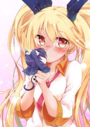 Rule 34 | 10s, 1girl, animal ears, blonde hair, blush, cat ears, cat tail, character doll, curly hair, cyan (show by rock!!), glasses, kiss, long hair, looking at viewer, necktie, red necktie, retoree (show by rock!!), rinrin (927413), short hair, show by rock!!, simple background, solo, tail, twintails, very long hair, yuri