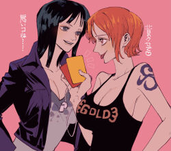 Rule 34 | 2girls, :p, arm tattoo, black hair, black tank top, blue eyes, breasts, brown eyes, card, cleavage, collarbone, commentary request, highres, holding, holding card, holding whistle, jacket, large breasts, long sleeves, looking at another, medium hair, multiple girls, nami (one piece), nico robin, nsgw, one piece, orange hair, red card, short hair, smile, tank top, tattoo, teeth, tongue, tongue out, translation request, whistle, yellow card