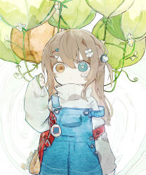 1girl :&lt; absurdres animal_charm backpack bag balloon blue_eyes blue_overalls heart heart-shaped_pupils heterochromia high_collar highres holding holding_balloon long_sleeves original overalls pouch randoseru sleeves_past_wrists solo soresaki symbol-shaped_pupils tamagotchi tamagotchi_(classic) yellow_eyes