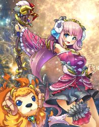 Rule 34 | 1girl, :d, bare shoulders, blue eyes, blush, bow, bracelet, choker, cross-laced clothes, detached sleeves, dress, frilled sleeves, frills, hair bow, hair ornament, hair ribbon, highres, horns, jewelry, leg ribbon, long hair, looking at viewer, open mouth, original, pink dress, pink hair, ribbon, sheep, sheep horns, skirt, smile, solo, staff, thigh ribbon, umigarasu (kitsune1963), very long hair, wide sleeves, witch