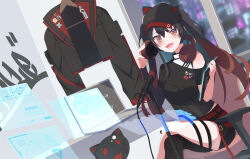 Rule 34 | 1girl, :d, belt, black hair, black headwear, black shirt, breasts, brown eyes, brown hair, chair, clothes hanger, commentary, computer, crossed legs, gradient hair, headphones, highres, hinata hikage, holographic interface, indie virtual youtuber, indoors, jacket, unworn jacket, laptop, microphone, multicolored hair, nanahoshi nana, open mouth, red belt, shirt, shorts, small breasts, smile, solo, tablet pc, twintails, virtual youtuber, window