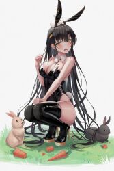 Rule 34 | 1girl, animal, animal ears, animal on head, bare arms, bare shoulders, black hair, black hairband, black leotard, black thighhighs, boots, bow, bowtie, breasts, caba (caba091), carrot hair ornament, cleavage, detached collar, earrings, embarrassed, fake animal ears, fake tail, food-themed hair ornament, hair ornament, hairband, hand up, high heel boots, high heels, highleg, highleg leotard, highres, holding, holding hair, jewelry, large breasts, latex, latex boots, leotard, long hair, looking at viewer, on head, open mouth, orange eyes, original, playboy bunny, rabbit, rabbit ears, rabbit tail, shiny clothes, skindentation, solo, squatting, strapless, strapless leotard, tail, thigh boots, thighhighs, thighs, uneven eyes, very long hair