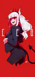 Rule 34 | 1girl, absurdres, alcohol, arm under breasts, ass, aurahack, back, black jacket, black pants, black tail, breasts, business suit, collared shirt, demon girl, demon horns, demon tail, fangs, formal, gloves, hair ornament, helltaker, highres, horns, jacket, large breasts, long hair, looking back, low-tied long hair, lucifer (helltaker), mole, mole under eye, open clothes, open mouth, pants, red background, red eyes, red shirt, removing jacket, sharp teeth, shirt, simple background, solo, suit, tail, teeth, tight clothes, tight pants, undressing, white gloves, white hair, white horns