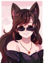 Rule 34 | 1girl, absurdres, alternate costume, animal ear fluff, animal ears, black dress, breasts, brown eyes, brown hair, cleavage, commentary, dress, dungeon toaster, grin, heart, heart necklace, highres, imaizumi kagerou, jewelry, long hair, looking at viewer, medium bangs, medium breasts, necklace, off-shoulder dress, off shoulder, patterned clothing, smile, solo, sunglasses, swept bangs, symbol-only commentary, touhou, upper body, wolf ears, wolf girl, zoom layer