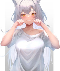 Rule 34 | 1girl, animal ear fluff, animal ears, artist name, black hanekawa, breasts, cat ears, cat girl, collarbone, commentary, english commentary, grin, hair between eyes, hanekawa tsubasa, highres, large breasts, long hair, looking at viewer, mixed-language commentary, monogatari (series), off shoulder, paw pose, selerio3, shirt, smile, solo, upper body, very long hair, white hair, white shirt, yellow eyes