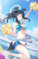Rule 34 | 1girl, absurdres, animal ears, arm up, armpits, bare arms, bare legs, bare shoulders, black hair, blue archive, blue eyes, blue sky, blurry, blush, breasts, cheerleader, cleavage, cloud, collared shirt, confetti, criss-cross halter, crop top, day, dog ears, dog girl, dog tail, goggles, goggles on head, halo, halterneck, hibiki (blue archive), hibiki (cheer squad) (blue archive), highres, holding, holding pom poms, large breasts, leg up, looking up, midriff, millennium cheerleader outfit (blue archive), miniskirt, navel, official alternate costume, open mouth, outdoors, pleated skirt, pom pom (cheerleading), pom poms, ponytail, shirt, shoes, shoulder tattoo, skirt, sky, sleeveless, sleeveless shirt, small breasts, solo, spaghetti strap, standing, standing on one leg, stomach, tail, takealook, tattoo, thighs, two-tone shirt, white shirt, white skirt