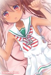 Rule 34 | 10s, 1girl, armpits, arms up, brown eyes, brown hair, dark-skinned female, dark skin, dress, kantai collection, libeccio (kancolle), long hair, looking at viewer, lying, on back, open mouth, panties, short dress, sleeveless, sleeveless dress, solo, striped clothes, striped panties, tsukimochikuriko (tsukimochi k), twintails, underwear