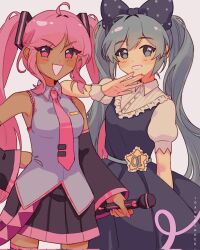 Rule 34 | 2girls, alternate color, black bow, black skirt, blue eyes, blue hair, blush, bow, cosplay, costume switch, dark-skinned female, dark skin, detached sleeves, hair bow, hatsune miku, highres, idawnrunner, long hair, long sleeves, looking at viewer, multiple girls, omori, open mouth, pink eyes, pink hair, pink nails, polka dot, polka dot bow, puffy short sleeves, puffy sleeves, shirt, short sleeves, skirt, sleeveless, sleeveless shirt, smile, sweetheart (omori), triangle mouth, twintails, vocaloid