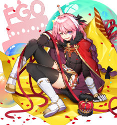 Rule 34 | 1boy, absurdres, androgynous, astolfo (fate), black bow, black legwear, boots, bow, braid, candle, cape, capelet, commentary request, crown, fang, fate/apocrypha, fate (series), full body, garter straps, gauntlets, greetload, hair intakes, highres, looking at viewer, male focus, multicolored hair, one eye closed, pink hair, purple eyes, red ribbon, ribbon, single braid, sitting, streaked hair, thighhighs, trap