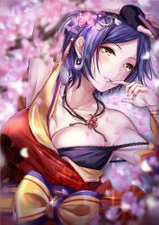 Rule 34 | 1girl, black hair, blurry, breasts, cleavage, depth of field, folded fan, folding fan, hair ornament, hand fan, hayami kanade, highres, idolmaster, idolmaster cinderella girls, japanese clothes, kimono, kuguri oimo, looking at viewer, lying, medium breasts, off shoulder, on back, parted bangs, parted lips, short hair, solo, yellow eyes