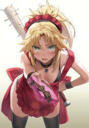 Rule 34 | 1girl, alternate costume, baseball bat, black footwear, blonde hair, blush, box, braid, breasts, closed mouth, fang, fate/apocrypha, fate (series), french braid, gift, gift box, green eyes, hair ornament, hair scrunchie, hand on own hip, highres, holding, leaning forward, long hair, looking at viewer, maid headdress, mordred (fate), mordred (fate/apocrypha), nail, nail bat, open mouth, parted bangs, ponytail, scrunchie, sidelocks, small breasts, smile, solo, thighhighs, tonee, wristband