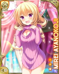 Rule 34 | 1girl, ayanokoji mirei, bed, bedroom, blonde hair, bottomless, bow, breasts, card, character name, cleavage, cleavage cutout, clothing cutout, curly hair, day, girlfriend (kari), hair ornament, indoors, long hair, medium breasts, official art, open mouth, ouju, pink bow, pink sweater, purple eyes, qp:flapper, ringlets, solo, standing, surprised, sweater, tagme, very long hair