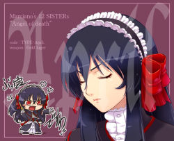 Rule 34 | 00s, 1girl, anger vein, angry, april (coyote ragtime show), black hair, bow, chibi, coyote ragtime show, closed eyes, gothic lolita, gun, hairu, handgun, headdress, lolita fashion, long hair, luger p08, multiple views, open mouth, pistol, portrait, red eyes, upper body, weapon