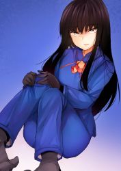 Rule 34 | 1boy, black hair, chinese clothes, decoration disorder disconnection, full body, gradient background, grey eyes, hands on own knees, jirou (tamaho39), karyou kaie, long hair, long sleeves, looking at viewer, male focus, sitting, solo, trap, type-moon