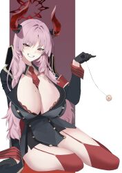 Rule 34 | 1girl, absurdres, armband, black gloves, blue archive, bra, breasts, buttons, cleavage, coin, coin on string, collar, curvy, demon horns, detached collar, garter straps, gloves, grey jacket, grin, half gloves, halo, highres, holding, holding string, horns, huge breasts, jacket, kasumi saika, lace, lace-trimmed bra, lace trim, long hair, long sleeves, looking at viewer, military, military jacket, military uniform, mole, mole on breast, necktie, orange eyes, pink hair, red armband, red bra, red garter straps, red horns, red necktie, red thighhighs, satsuki (blue archive), short necktie, sitting, smile, solo, string, thighhighs, underwear, uniform