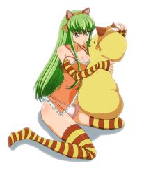 Rule 34 | 10s, 1girl, animal ears, bad id, bad pixiv id, breasts, c.c., cat ears, cat hair ornament, ccllsaikou, cheese-kun, cleavage, code geass, code geass: nunnally in wonderland, detached sleeves, green hair, hair ornament, highres, lingerie, long hair, medium breasts, navel, negligee, panties, pink panties, see-through, simple background, solo, striped clothes, striped sleeves, striped thighhighs, thighhighs, underwear, white background, yellow eyes