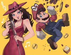 Rule 34 | 1boy, 1girl, 1other, ? block, blue overalls, boots, bow, breasts, brown footwear, brown hair, cappy (mario), cleavage, clenched hands, cocktail dress, coin, donkey kong (series), dress, earrings, facial hair, gloves, hat, hat bow, hat ribbon, highres, holding, holding microphone, jewelry, jourd4n, long hair, looking at viewer, mario, mario (series), microphone, musical note, mustache, nintendo, one eye closed, open mouth, orange background, overalls, pauline (mario), red bow, red dress, red headwear, red nails, red ribbon, red shirt, ribbon, shirt, short hair, simple background, sleeveless, small breasts, super mario odyssey, teeth, upper teeth only, white gloves