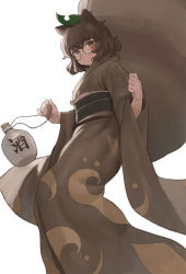 Rule 34 | 1girl, alcohol, animal ears, bad id, bad pixiv id, blush, breasts, brown eyes, brown kimono, brown sash, curled fingers, futatsuiwa mamizou, glasses, hair ornament, holding, japanese clothes, jug (bottle), kimono, leaf, leaf hair ornament, leaf on head, long sleeves, medium breasts, ni (221), pince-nez, raccoon ears, raccoon tail, round eyewear, short hair, simple background, solo, string, tail, tanuki, touhou, white background, wide sleeves