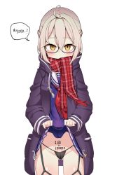 Rule 34 | 1girl, ahoge, artist request, artoria pendragon (fate), bad id, bad pixiv id, black-framed eyewear, black panties, blue skirt, blush, body writing, braid, breasts, clothes lift, coat, drawstring, duffel coat, fate/grand order, fate (series), french braid, garter straps, glasses, grey hair, hair between eyes, highres, hood, hooded jacket, jacket, lifting own clothes, long hair, long sleeves, looking at viewer, mysterious heroine x alter (fate), mysterious heroine x alter (first ascension) (fate), open clothes, open jacket, panties, plaid, plaid scarf, pubic tattoo, red scarf, scarf, school uniform, serafuku, simple background, skirt, skirt lift, solo, speech bubble, tattoo, thighs, translation request, underwear, white background, yellow eyes