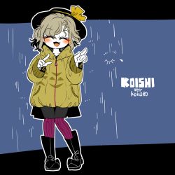Rule 34 | 1girl, black footwear, black hat, black skirt, boots, bow, character name, closed eyes, colored skin, fang, hat, hat bow, jacket, kneehighs, knees together feet apart, komeiji koishi, long sleeves, miniskirt, open mouth, pantyhose, purple socks, see-through silhouette, skirt, sleeves past wrists, socks, solo, standing, touhou, white skin, yellow bow, yellow jacket, yt (wai-tei)