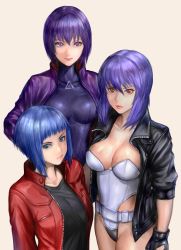 Rule 34 | 3girls, black jacket, blue eyes, blue hair, breasts, cleavage, ghost in the shell, ghost in the shell: sac 2045, ghost in the shell arise, ghost in the shell stand alone complex, gloves, highleg, highleg leotard, highres, jacket, kurone rinka, kusanagi motoko, leotard, looking at viewer, md5 mismatch, multiple girls, multiple persona, purple eyes, purple hair, purple jacket, red jacket, resolution mismatch, short hair, simple background, zipper