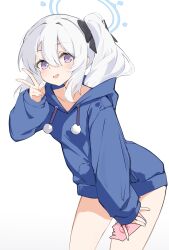 Rule 34 | 1girl, absurdres, blue archive, blue halo, blue hoodie, blush, cellphone, collarbone, cowboy shot, grey hair, hair between eyes, halo, highres, holding, holding phone, hood, hoodie, long hair, long sleeves, miyako (blue archive), miyako (young) (blue archive), one side up, open mouth, phone, purple eyes, rika (mikunopantsu), simple background, smartphone, smile, solo, v, white background