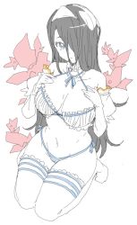 Rule 34 | 1girl, bad id, bad twitter id, bare shoulders, black hair, blue eyes, blue ribbon, breasts, detached collar, donguri suzume, hair over one eye, halterneck, hands up, highres, large breasts, long hair, looking at viewer, navel, neck ribbon, one eye covered, original, panties, ribbon, seiza, sitting, solo, striped clothes, striped panties, thighhighs, triangular headpiece, underwear, white thighhighs
