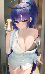 Rule 34 | 1girl, absurdres, black bra, blue archive, blush, bra, breasts, can, cleavage, collarbone, cowboy shot, dongyu, door, drooling, drunk, halo, highres, holding, holding can, large breasts, long hair, looking at viewer, mechanical halo, open mouth, purple eyes, purple hair, shirt, short sleeves, solo, underwear, white shirt, yuuka (blue archive)