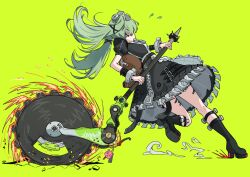 Rule 34 | absurdres, belt, black belt, black dress, corin wickes, dress, from behind, full body, green background, green hair, highres, holding, holding weapon, long hair, maid, maid headdress, puffy short sleeves, puffy sleeves, saw, short sleeves, simple background, tinkie, twintails, weapon, zenless zone zero