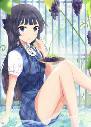 Rule 34 | :p, bare legs, black hair, blue dress, blue eyes, blunt bangs, collared shirt, commentary request, dress, eating, feet out of frame, fence, food, fruit, grapes, hair intakes, hair ribbon, highres, holding, holding food, idolmaster, idolmaster million live!, idolmaster million live! theater days, knees together feet apart, leaf, legs, long hair, looking at viewer, mogami shizuka, plaid, plaid dress, plant, plate, puffy short sleeves, puffy sleeves, ribbon, shirt, short sleeves, sidelocks, sitting, so korokoro, solo, thighs, tongue, tongue out, tree, vines, water, wet, white shirt