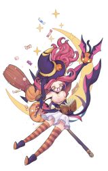 Rule 34 | 1girl, bat wings, bewitching janna, blush, book, boots, broom, broom riding, candy, cat, collar, food, glasses, hat, highres, holding, janna, janna (league of legends), league of legends, meowlian, open mouth, paper, pink hair, pumpkin, signature, skirt, striped clothes, striped thighhighs, sweatdrop, thighhighs, white background, wings, witch hat, yellow eyes