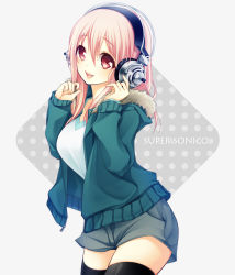 Rule 34 | 1girl, black thighhighs, breasts, character name, cowboy shot, fur trim, headphones, jacket, long hair, medium breasts, nitroplus, open clothes, open jacket, open mouth, pink eyes, pink hair, red eyes, shiro mayu, shorts, solo, super sonico, thighhighs, zettai ryouiki