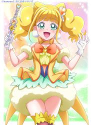 Rule 34 | 1girl, :d, arm scrunchie, blonde hair, blunt bangs, bow, bowtie, choker, collarbone, cone hair bun, cowboy shot, cure sparkle, earrings, gloves, green eyes, hair bun, hanzou, healin&#039; good precure, highres, holding, jewelry, long hair, looking at viewer, open mouth, orange bow, orange bowtie, precure, smile, solo, standing, twintails, white gloves, yellow choker
