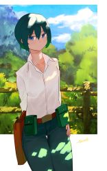 Rule 34 | 1girl, absurdres, androgynous, belt, blue eyes, blue sky, brown belt, closed mouth, collared shirt, cowboy shot, day, denim, fence, fingernails, flat chest, green hair, green pants, gun, hair between eyes, hand on own hip, handgun, highres, holster, jeans, kino (kino no tabi), kino no tabi, looking at viewer, nature, outdoors, outside border, pants, pistol, pouch, revolver, ryusei hashida, shirt, short hair, signature, sky, solo, standing, thigh gap, tree, weapon, white shirt, wing collar, wooden fence