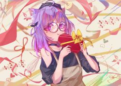 Rule 34 | 1girl, absurdres, ahoge, animal ear fluff, animal ears, animal hat, apron, black bow, black choker, black hat, black shirt, bow, cat ears, cat hat, choker, glasses, hair bow, hair ornament, hat, heart, heart tattoo, highres, indie virtual youtuber, isnaxc, looking at viewer, mikeneko (vtuber), mikeneko (vtuber) (2nd costume), shirt, solo, tattoo, tongue, tongue out, valentine, virtual youtuber