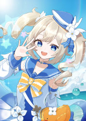 Rule 34 | 1girl, aoijun, bag, barbara (genshin impact), barbara (summertime sparkle) (genshin impact), bare shoulders, bird, blonde hair, blue eyes, bow, bowtie, choker, detached sleeves, duck, genshin impact, hat, highres, long sleeves, official alternate costume, open mouth, sailor hat, smile, solo, twintails