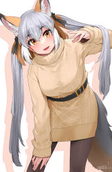 Rule 34 | 1girl, :d, alternate costume, animal ear fluff, animal ears, beige sweater, belt, black belt, black pantyhose, black ribbon, commentary request, fox ears, fox girl, fox tail, grey hair, hair between eyes, hair ribbon, hand on own knee, happa (cloverppd), highres, island fox (kemono friends), kemono friends, kemono friends v project, leaning forward, long hair, looking at viewer, multicolored hair, open mouth, orange eyes, orange hair, pantyhose, ribbon, signature, simple background, smile, solo, sweater, tail, turtleneck, turtleneck sweater, twintails, very long hair, virtual youtuber, white background, white hair