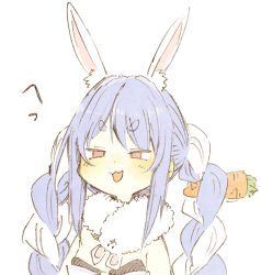 Rule 34 | 1girl, :3, abara heiki, animal ear fluff, animal ears, black leotard, blue hair, blush, braid, breasts, carrot hair ornament, commentary, dress, food-themed hair ornament, fur scarf, hair ornament, half-closed eyes, hololive, leotard, light blue hair, long hair, looking at viewer, multicolored hair, off-shoulder dress, off shoulder, open mouth, playboy bunny, rabbit ears, red eyes, simple background, small breasts, smirk, smug, solo, thick eyebrows, traditional media, translated, twin braids, twintails, two-tone hair, upper body, usada pekora, usada pekora (1st costume), virtual youtuber, white background, white dress, white hair
