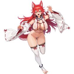Rule 34 | 1girl, ahoge, animal ear fluff, animal ears, anklet, armpit peek, bare shoulders, bead necklace, beads, breasts, claw pose, cleavage, detached sleeves, eyeliner, fangs, fenrir (last origin), gluteal fold, highres, huge breasts, japanese clothes, jewelry, large breasts, last origin, linea alba, long hair, long sleeves, looking at viewer, maebari, makeup, miko, nail polish, navel, necklace, no bra, nontraditional miko, official alternate costume, official art, ofuda, ofuda on pussy, open mouth, over-kneehighs, red eyeliner, red hair, red nails, red ribbon, ribbon, see-through, simple background, skindentation, standing, tachi-e, tail, thick thighs, thighhighs, thighs, tooth necklace, transparent background, tunamayo (dsasd751), wolf ears, wolf girl, wolf tail, yellow eyes