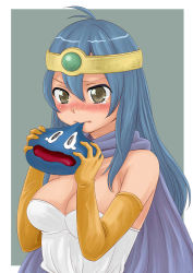 Rule 34 | 1girl, ahoge, baozi, blue hair, blush, breasts, brown eyes, cape, chunsoft, circlet, cleavage, dragon quest, dragon quest iii, eating, elbow gloves, enix, food, gloves, highres, jpeg artifacts, kumikouj, large breasts, sage (dq3), slime (dragon quest), tears, upper body, wavy mouth