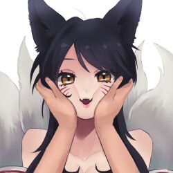 Rule 34 | 1girl, ahri (league of legends), animal ears, artist request, bare shoulders, black hair, cheek press, cheek squash, collarbone, commission, commissioner upload, face grab, facial mark, fluffy, fox ears, fox girl, fox tail, hand on another&#039;s cheek, hand on another&#039;s face, highres, kitsune, kyuubi, league of legends, long hair, looking at viewer, non-web source, open mouth, simple background, smile, tail, whisker markings, yellow eyes