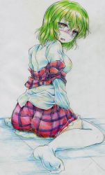 Rule 34 | 1girl, absurdres, bad feet, bad id, bad pixiv id, blush, breasts, brown eyes, colored pencil (medium), commentary request, green hair, highres, kazami yuuka, large breasts, long sleeves, looking at viewer, looking back, nichibotsu (kitaziman), off shoulder, open clothes, open mouth, open vest, pee, peeing, peeing self, shirt, sitting, skirt, solo, tears, thighhighs, touhou, traditional media, vest, wariza, white thighhighs, zettai ryouiki