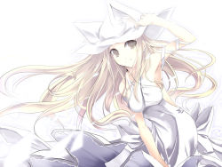 Rule 34 | 1girl, animal ears, animal hat, arm up, blonde hair, breasts, cat ears, green eyes, hat, looking at viewer, satomi (black scarecrow), simple background, smile, solo, white background