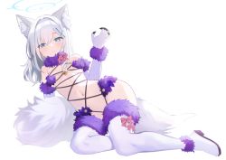 Rule 34 | 1girl, absurdres, animal ear fluff, animal ears, bad id, bad twitter id, bare shoulders, blue archive, blue eyes, bow, breasts, cosplay, cross hair ornament, elbow gloves, extra ears, fate/grand order, fate (series), fur-trimmed gloves, fur-trimmed legwear, fur collar, fur trim, gloves, goyain, grey hair, hair ornament, halo, highres, lace, lace-trimmed legwear, lace trim, looking at viewer, mash kyrielight, mash kyrielight (dangerous beast), mash kyrielight (dangerous beast) (cosplay), medium breasts, medium hair, navel, o-ring, purple gloves, purple thighhighs, revealing clothes, shiroko (blue archive), smile, solo, tail, thighhighs, white background, wolf ears, wolf tail