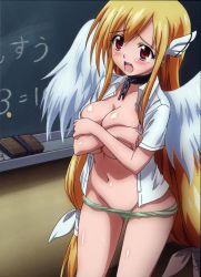 Rule 34 | 1girl, absurdres, angel wings, astraea (sora no otoshimono), blonde hair, blush, breasts, chain, classroom, cleavage, collar, covering privates, covering breasts, dress shirt, groin, head wings, highres, large breasts, legs, long hair, navel, no bra, open clothes, open mouth, open shirt, panties, panty pull, red eyes, scan, school, shiny skin, shirt, solo, sora no otoshimono, tears, underwear, undressing, very long hair, white shirt, wings