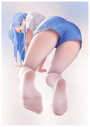 Rule 34 | 1girl, ass, bigxixi, blue eyes, blue hair, blue pants, from behind, gluteal fold, handprint, highres, long hair, looking at viewer, original, pants, pantyhose, pantyhose under shorts, shirt, shorts, simple background, solo, t-shirt, white pantyhose, white shirt